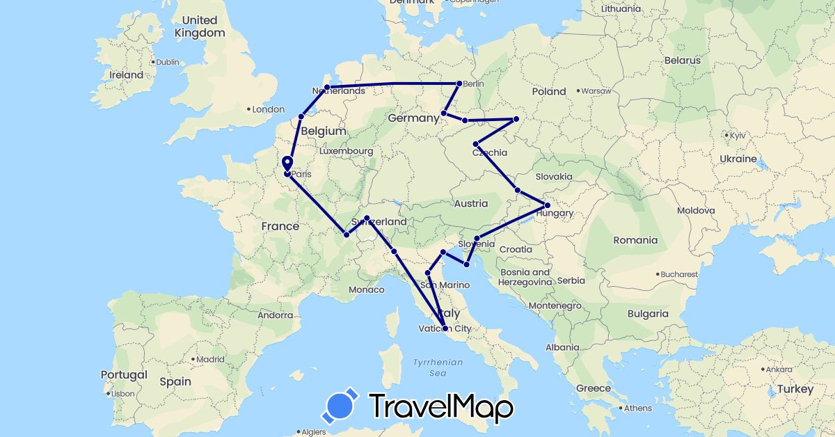 TravelMap itinerary: driving in Belgium, Switzerland, Czech Republic, Germany, France, Croatia, Hungary, Italy, Netherlands, Poland, Slovenia, Slovakia (Europe)