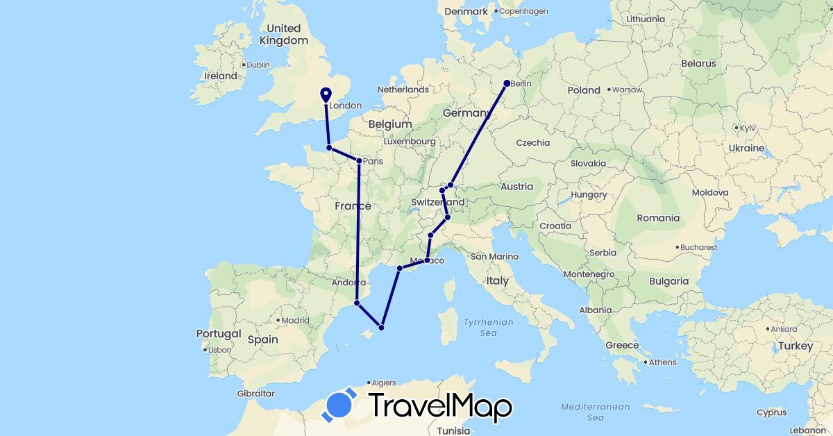 TravelMap itinerary: driving in Switzerland, Germany, Spain, France, United Kingdom, Italy, Monaco (Europe)